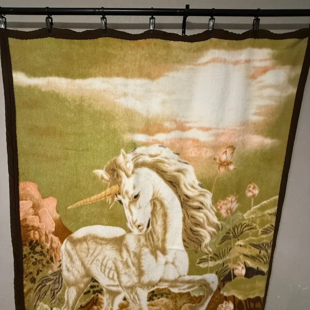 Vtg Revert Unicorn blanket - fleece plush green brown fairy whimsical mythical